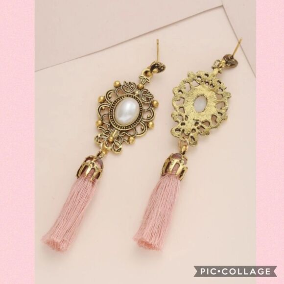 New Boho Pink Tassel Pearl Drop Earrings - Picture 3 of 4